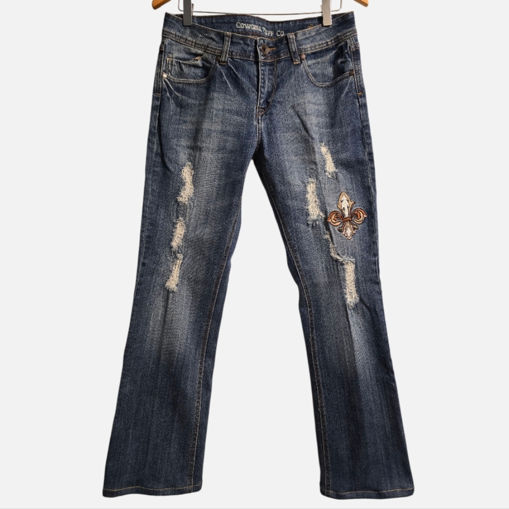 Cowgirl TUFF Saint Jeans Women's 29"x30.5" Blue Boot Cut Distressed Embroidered
